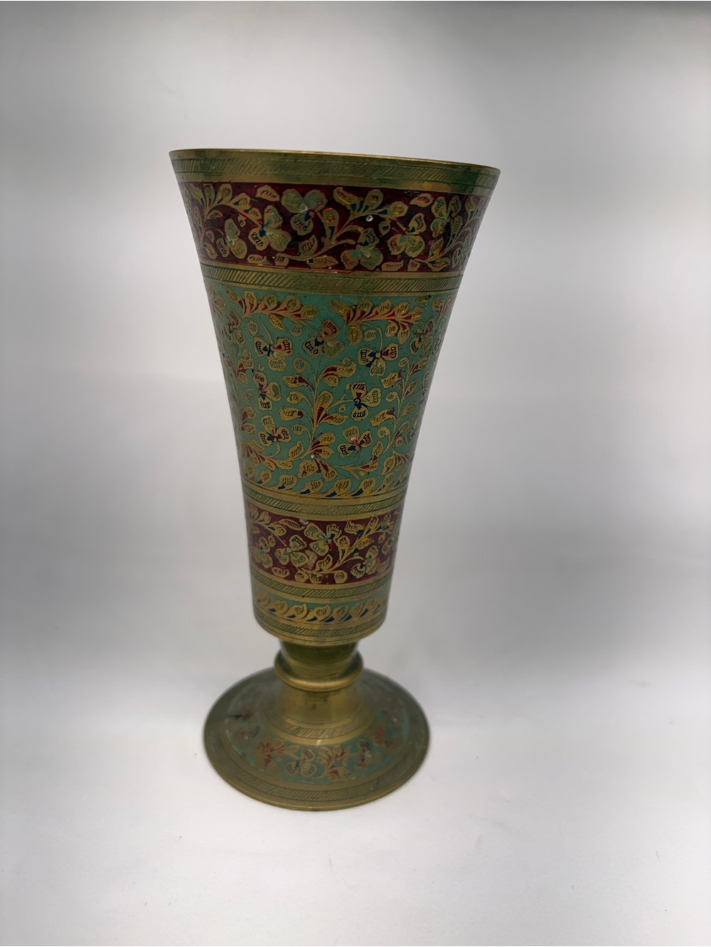 Vintage India Hand-Etched Brass & Teal Green Enamel Footed Trumpet Vase
